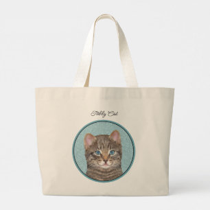 Grey Tabby Cat Portrait Painting Cute Original Art Large Tote Bag