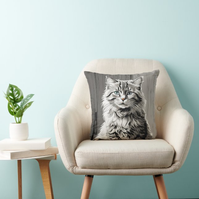 Grey Tabby Cat Throw Pillow (Chair)