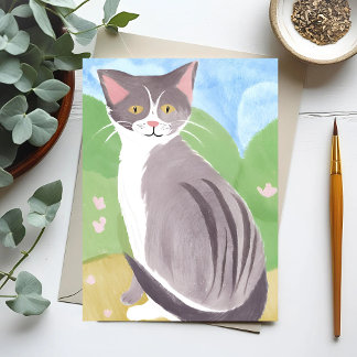 Grey Tabby Cat | Watercolor Painting Postcard