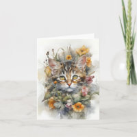 Grey Tabby Cat with Flowers Blank Greeting 