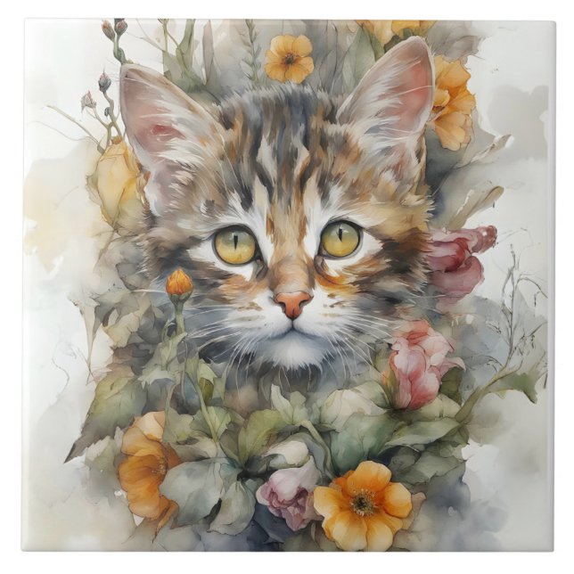 Grey Tabby Cat with Flowers Portrait  Tile (Front)