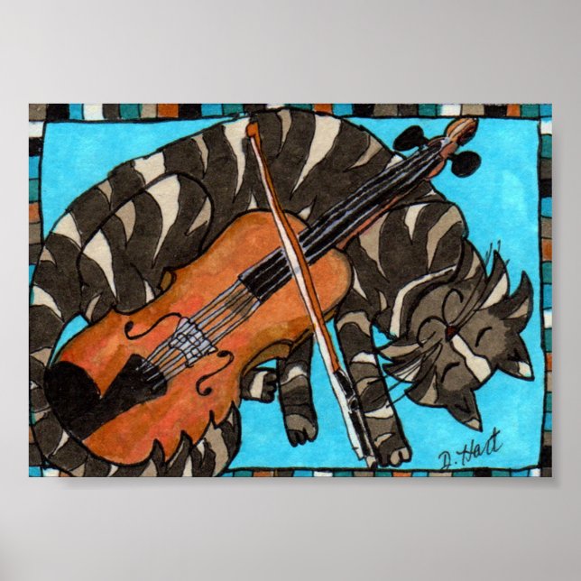 Grey Tabby Cat with Violin Fiddle Folk Art Poster (Front)