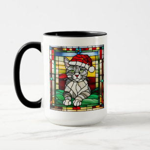 Grey Tabby Christmas Stained Glass Mug