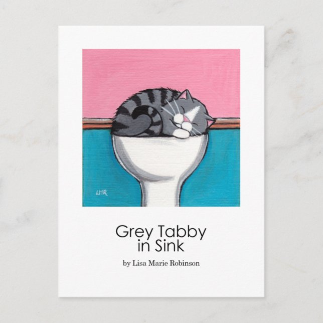 Grey Tabby in Sink | Whimsical Cat Art Postcard (Front)