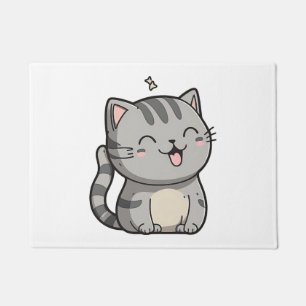 Grey Tabby Kawaii Smiling Cat Doormat