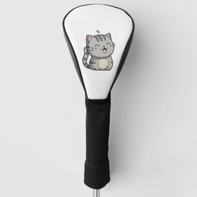 Grey Tabby Kawaii Smiling Cat Golf Head Cover (Front)
