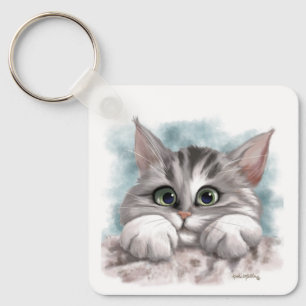 Grey Tabby Kitten Cartoon Keychain