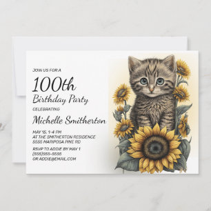 Grey Tabby Kitten Cat Sunflowers 100th Birthday Invitation
