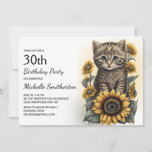Grey Tabby Kitten Cat Sunflowers 30th Birthday Invitation