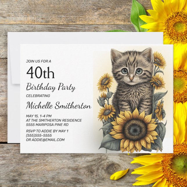 Grey Tabby Kitten Cat Sunflowers 40th Birthday Invitation (Creator Uploaded)