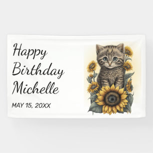 Grey Tabby Kitten Cat Sunflowers Happy Birthday Banner