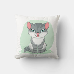 Grey Tabby Kitty Cute Kitten Cartoon Cat Throw Pillow