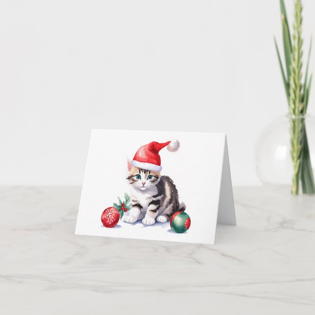 Grey Tabby Santa Kitten BLANK  Holiday Card (Front)