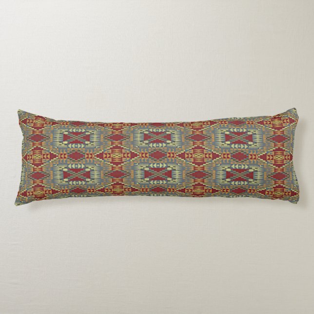 Grey Tan Brown Ochre Ivory Red Tribal Art Pattern Body Pillow (Front)