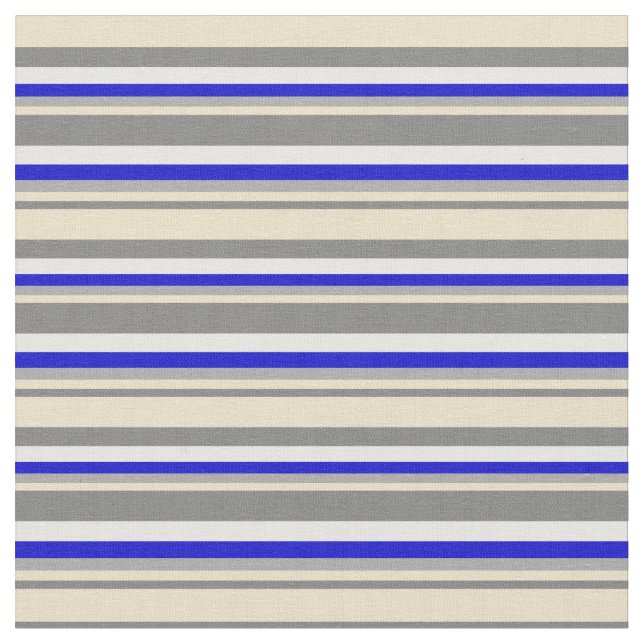 Grey, Tan, Dark Grey, Blue & White Pattern Fabric (Close Up)