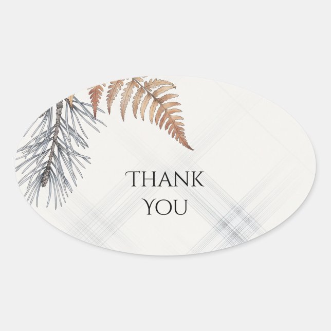 Grey Tartan Fern Wedding Thank You Oval Sticker (Front)