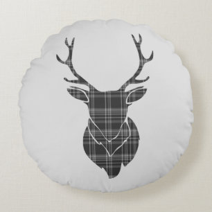 Grey Tartan Pattern And Stag Head Antler Rustic Round Pillow
