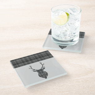 Grey Tartan Pattern Stag Glass Coaster