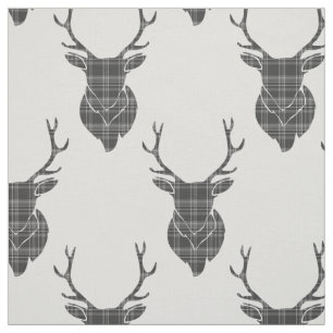 Grey Tartan Stag Head Antler Rustic Pattern Fabric
