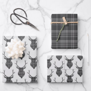Grey Tartan Stag Head Antler Rustic Patterned Wrapping Paper Sheet