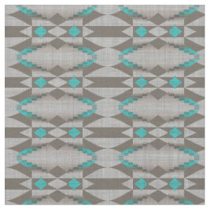 Grey Taupe Aqua Turquoise Teal Blue Tribal Art Fabric