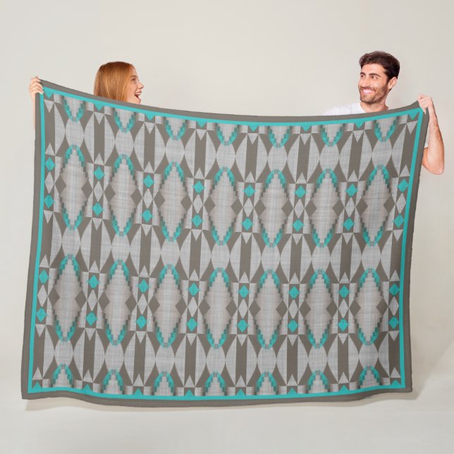 Grey Taupe Aqua Turquoise Teal Blue Tribal Art Fleece Blanket (In Situ)