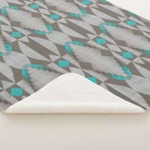 Grey Taupe Aqua Turquoise Teal Blue Tribal Art Sherpa Blanket