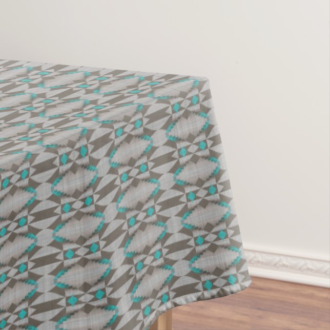 Grey Taupe Aqua Turquoise Teal Blue Tribal Art Tablecloth (In Situ)