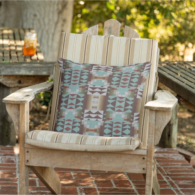 Grey Taupe Brown Red Turquoise Blue Tribal Art  Outdoor Pillow (Chair)