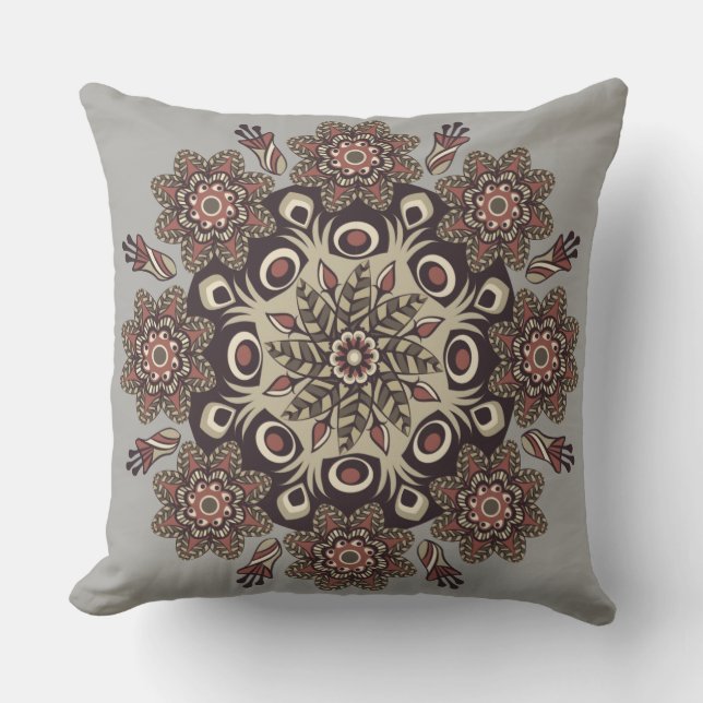 Grey/ Taupe Mandala  Reversible Decorative Pillow (Front)