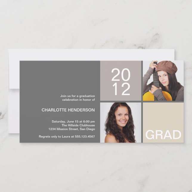 Grey taupe modern block class of grad announcement (Front)