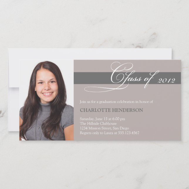 Grey taupe script class of graduation announcement (Front)