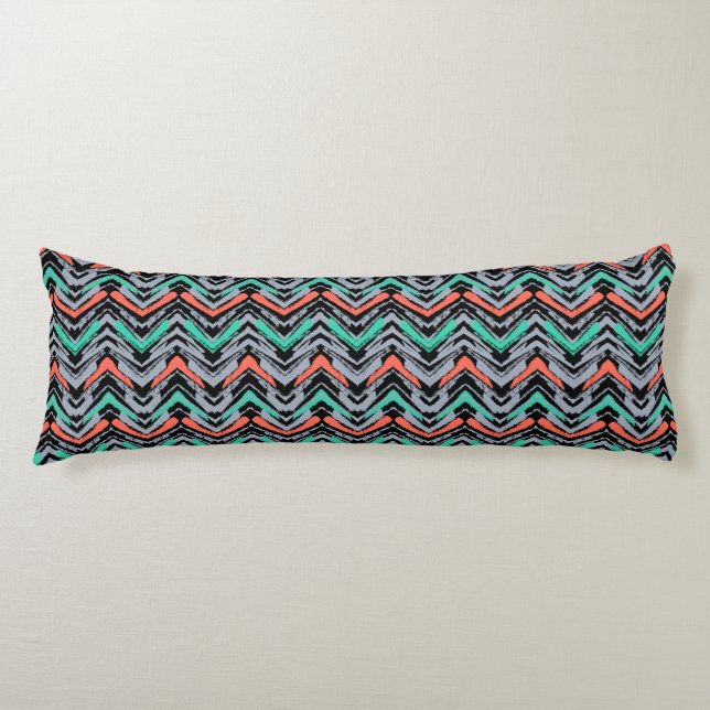 Grey, Teal, And Coral Hand Drawn Chevron Pattern Body Pillow (Front)