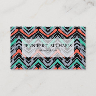 Grey, Teal, And Coral Hand Drawn Chevron Pattern Business Card
