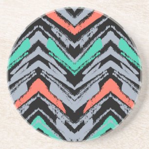 Grey, Teal, And Coral Hand Drawn Chevron Pattern Coaster
