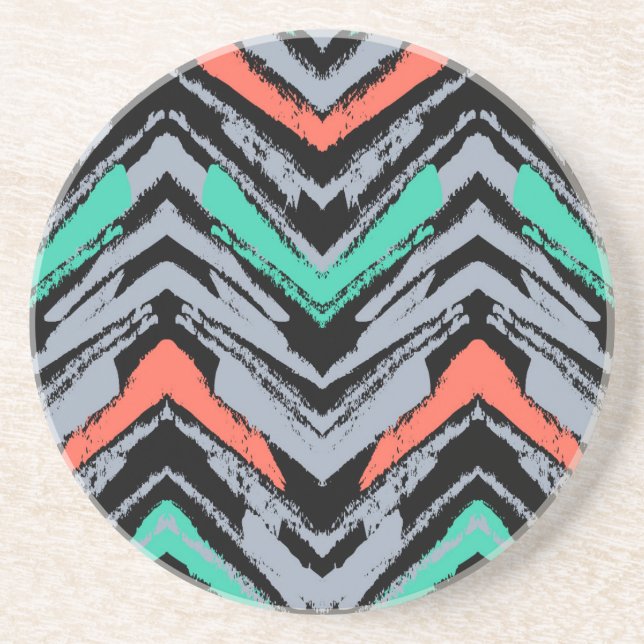 Grey, Teal, And Coral Hand Drawn Chevron Pattern Coaster (Front)