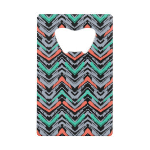Grey, Teal, And Coral Hand Drawn Chevron Pattern Credit Card Bottle Opener
