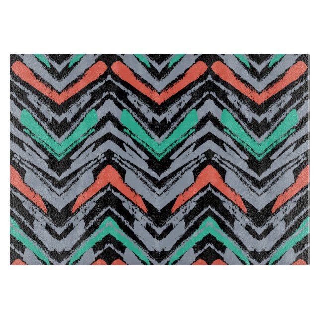 Grey, Teal, And Coral Hand Drawn Chevron Pattern Cutting Board (Front)