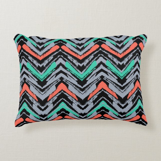 Grey, Teal, And Coral Hand Drawn Chevron Pattern Decorative Pillow (Front)