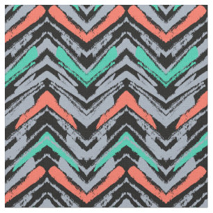 Grey, Teal, And Coral Hand Drawn Chevron Pattern Fabric