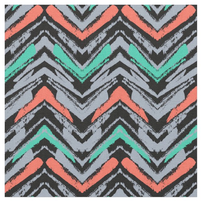 Grey, Teal, And Coral Hand Drawn Chevron Pattern Fabric (Close Up)