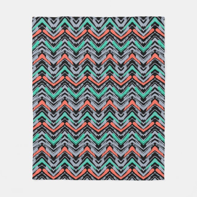 Grey, Teal, And Coral Hand Drawn Chevron Pattern Fleece Blanket (Front)