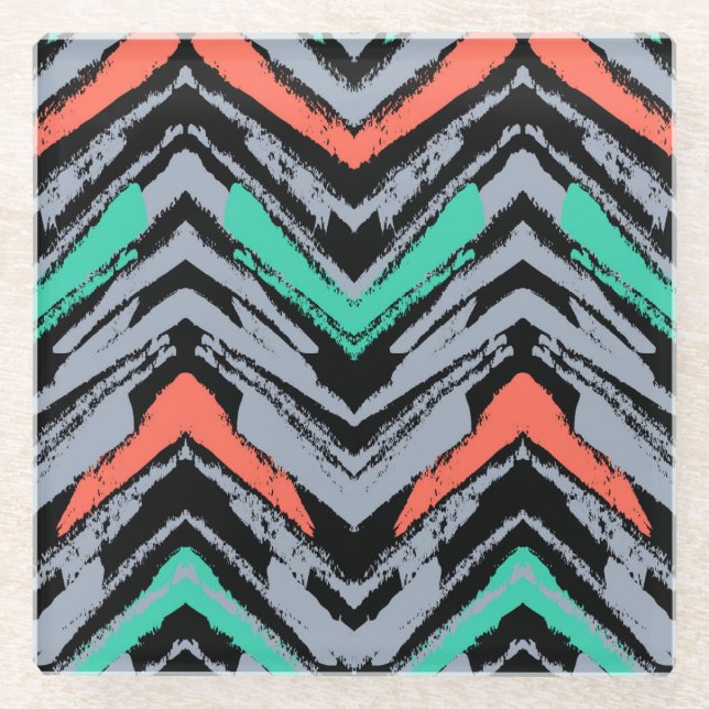 Grey, Teal, And Coral Hand Drawn Chevron Pattern Glass Coaster (Front)
