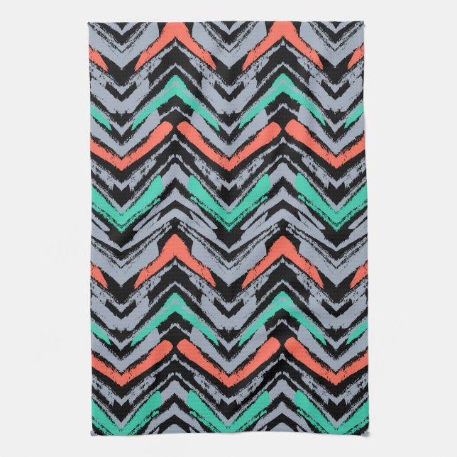 Grey, Teal, And Coral Hand Drawn Chevron Pattern Kitchen Towel (Vertical)