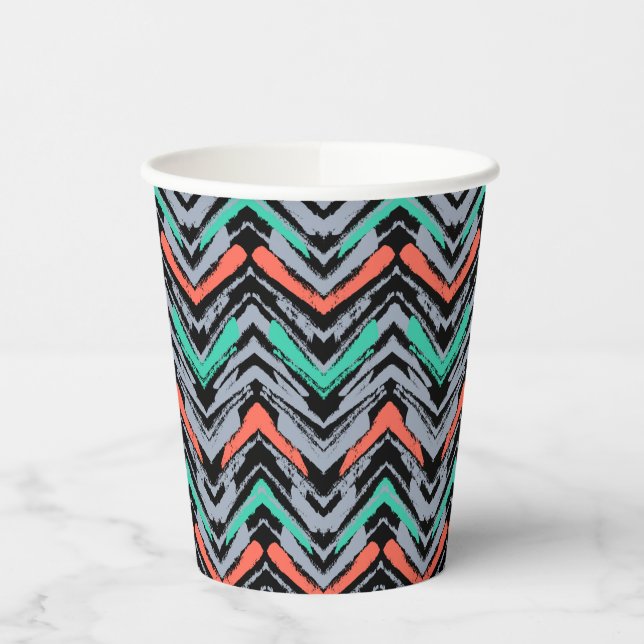 Grey, Teal, And Coral Hand Drawn Chevron Pattern Paper Cups (Left)