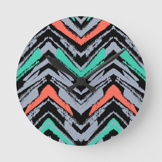Grey, Teal, And Coral Hand Drawn Chevron Pattern Round Clock (Front)