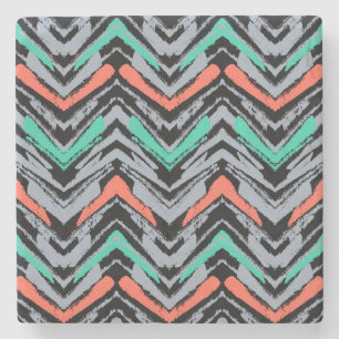 Grey, Teal, And Coral Hand Drawn Chevron Pattern Stone Coaster