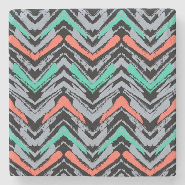 Grey, Teal, And Coral Hand Drawn Chevron Pattern Stone Coaster (Front)