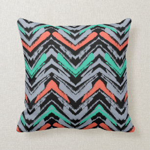 Grey, Teal, And Coral Hand Drawn Chevron Pattern Throw Pillow