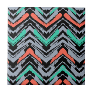 Grey, Teal, And Coral Hand Drawn Chevron Pattern Tile